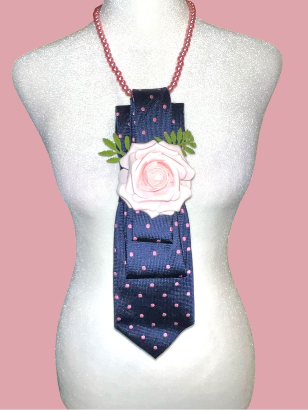 Handmade Navy  pink Polka Dot Necktie Necklace with Pink Rose